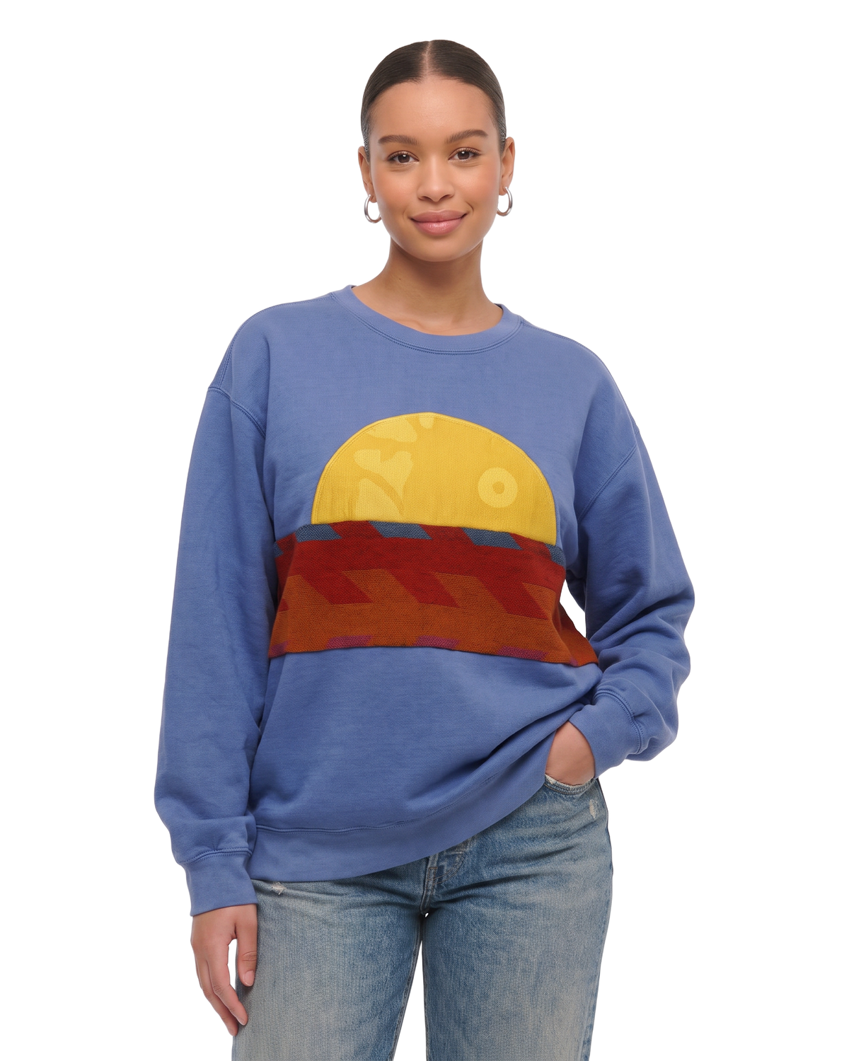 Large Dusty Blue Sunset Chaser "Zigzag Solstice" — one-of-a-kind upcycled vintage beach towel sweatshirt, handmade by Kspek, view 2