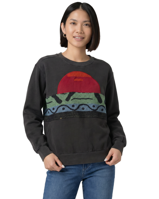 Small Pepper Sunset Chaser "Retro Horizon" — one-of-a-kind upcycled vintage beach towel sweatshirt, handmade by Kspek