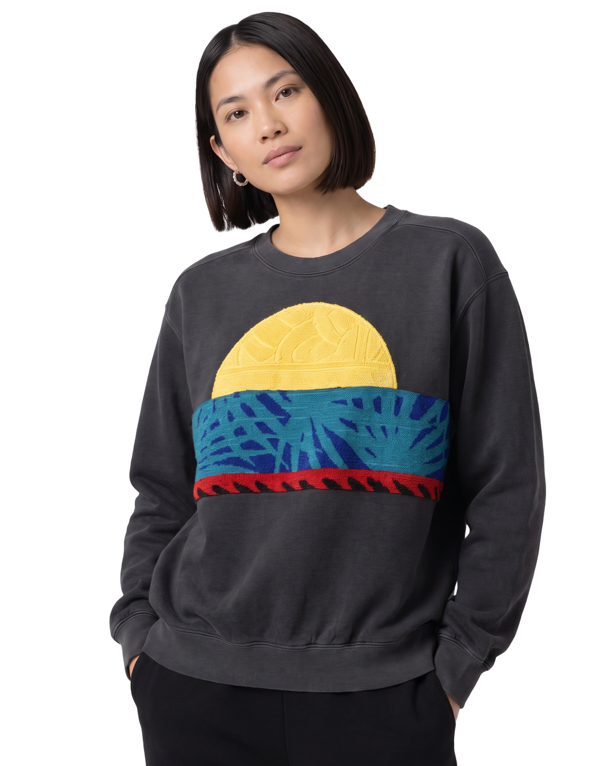 Small Pepper Sunset Chaser "Teal Palmetto Horizon" — one-of-a-kind upcycled vintage beach towel sweatshirt, handmade by Kspek, view 2