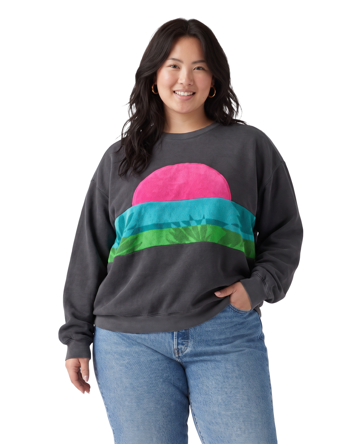 X-Large Pepper Sunset Chaser "Tropical Dawn Layers" — one-of-a-kind upcycled vintage beach towel sweatshirt, handmade by Kspek, view 2