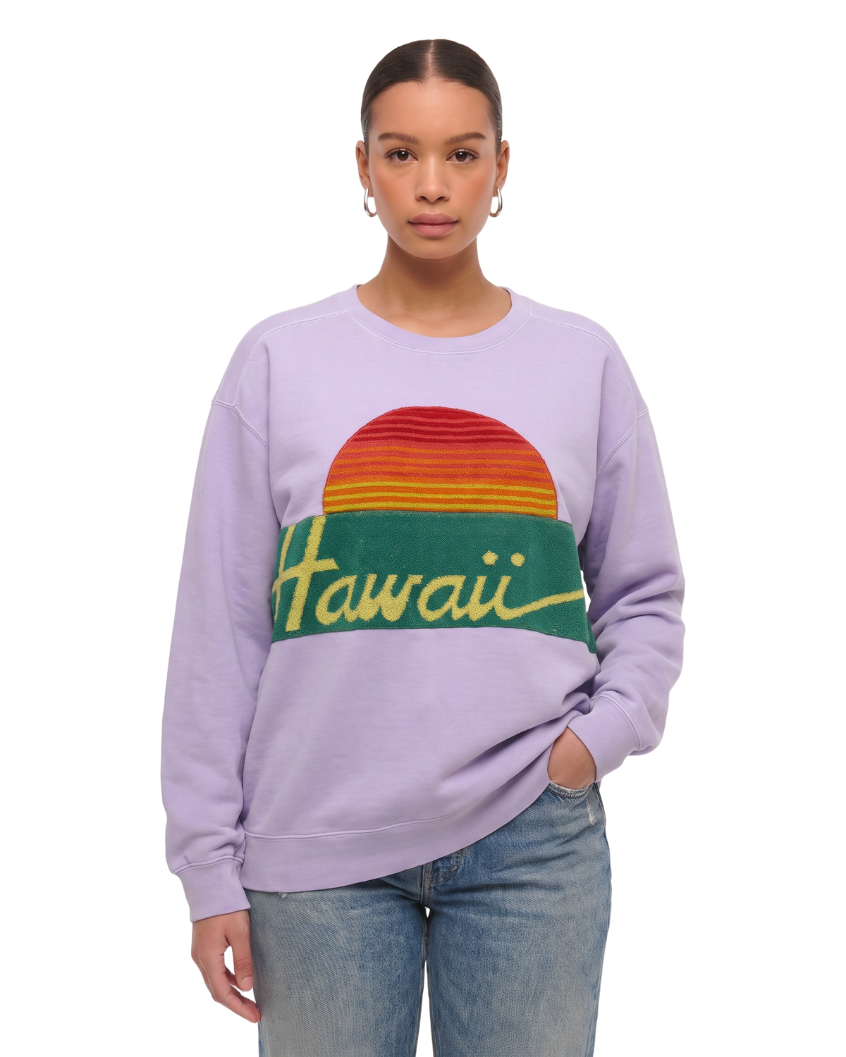 Large Lavender Sunset Chaser "Hawaii Postcard" — one-of-a-kind upcycled vintage beach towel sweatshirt, handmade by Kspek, view 2