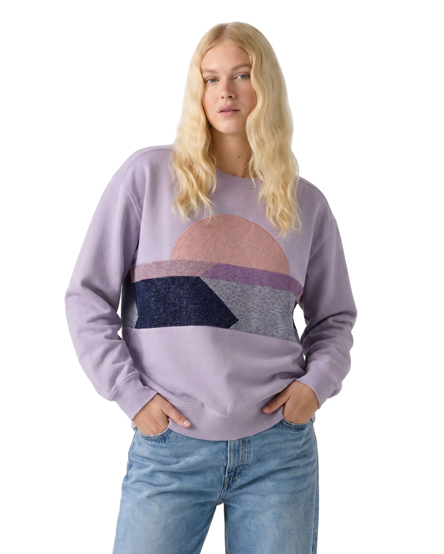 Medium Lavender Sunset Chaser "Ocean Dreamscape" — one-of-a-kind upcycled vintage beach towel sweatshirt, handmade by Kspek