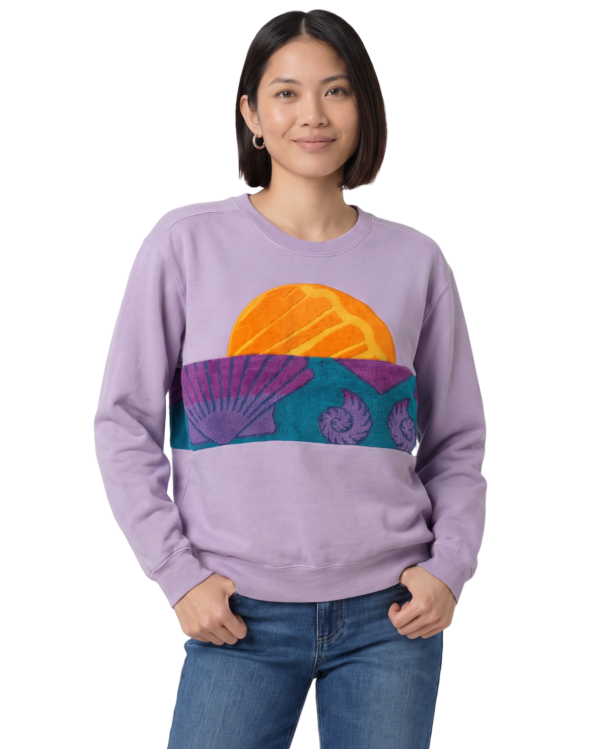 Small Lavender Sunset Chaser "Shell Sunscape" — one-of-a-kind upcycled vintage beach towel sweatshirt, handmade by Kspek, view 2