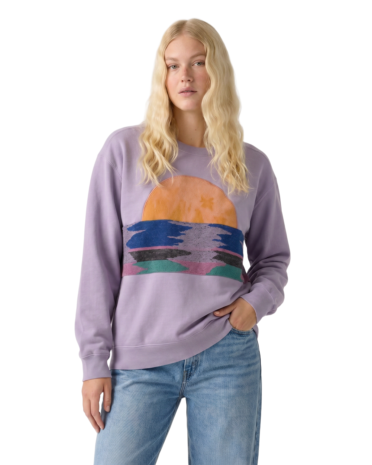 Medium Lavender Sunset Chaser "Wave Horizon" — one-of-a-kind upcycled vintage beach towel sweatshirt, handmade by Kspek