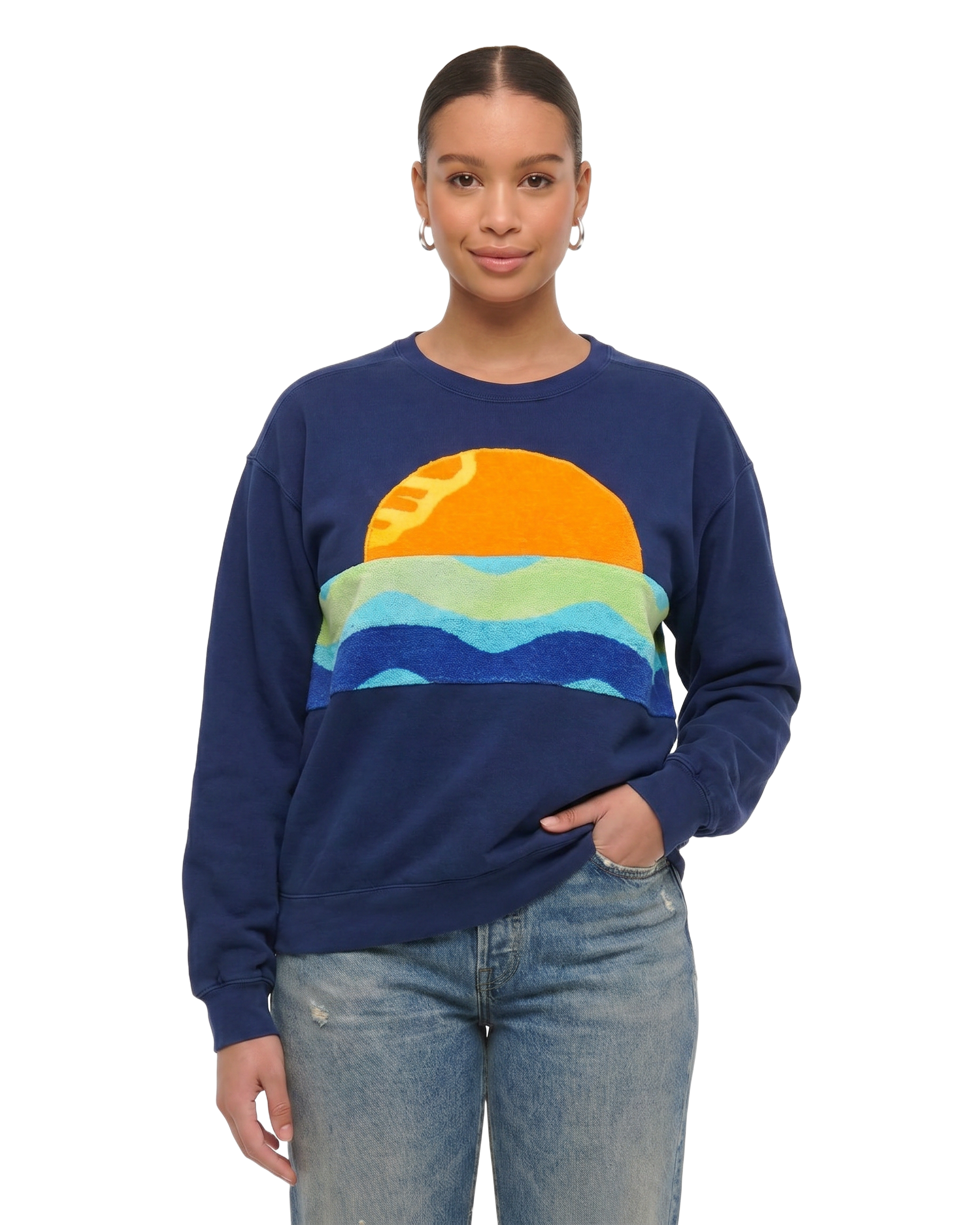 Large Navy Sunset Chaser "Ocean Horizon" — one-of-a-kind upcycled vintage beach towel sweatshirt, handmade by Kspek