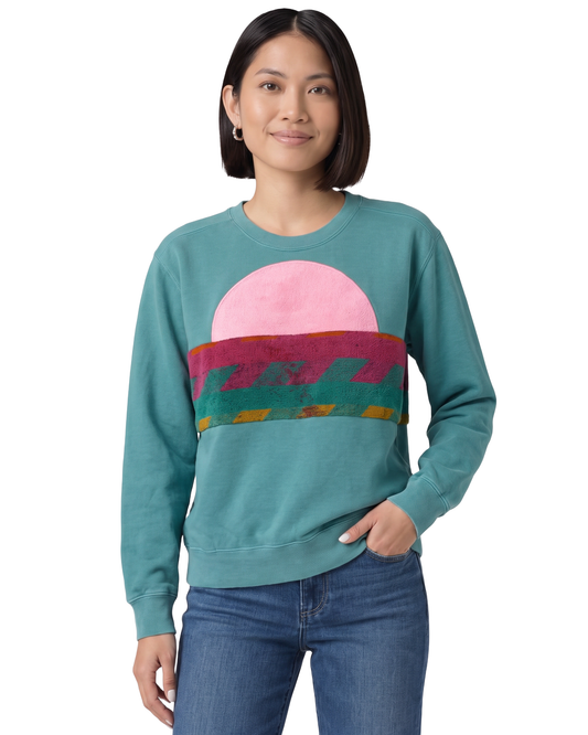 Small Light Jade Sunset Chaser "Zigzag Sunset" — one-of-a-kind upcycled vintage beach towel sweatshirt, handmade by Kspek