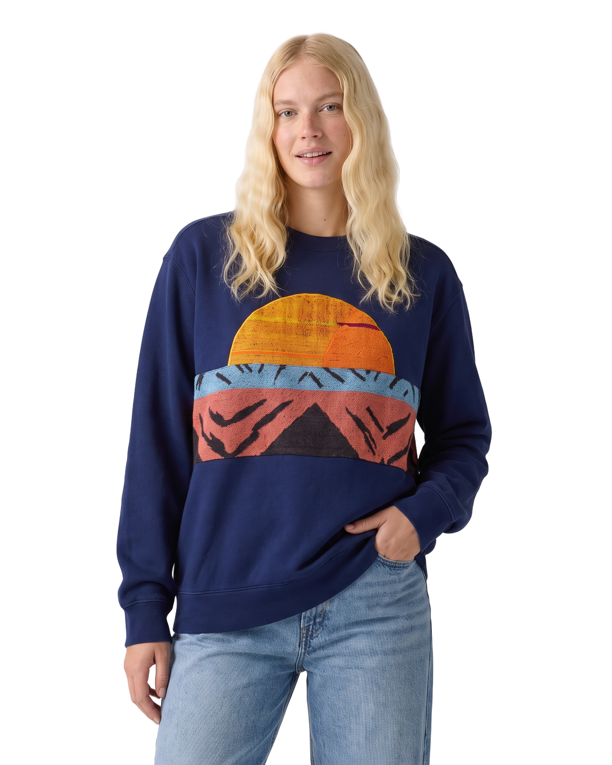 Medium Navy Sunset Chaser "Terra Sunscape" — one-of-a-kind upcycled vintage beach towel sweatshirt, handmade by Kspek, view 2