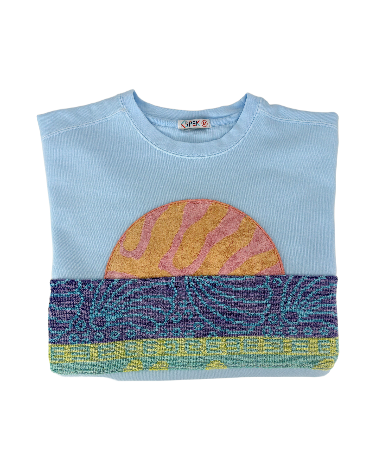 Medium Aqua Sunset Chaser "Horizon Bliss" — one-of-a-kind upcycled vintage beach towel sweatshirt, handmade by Kspek