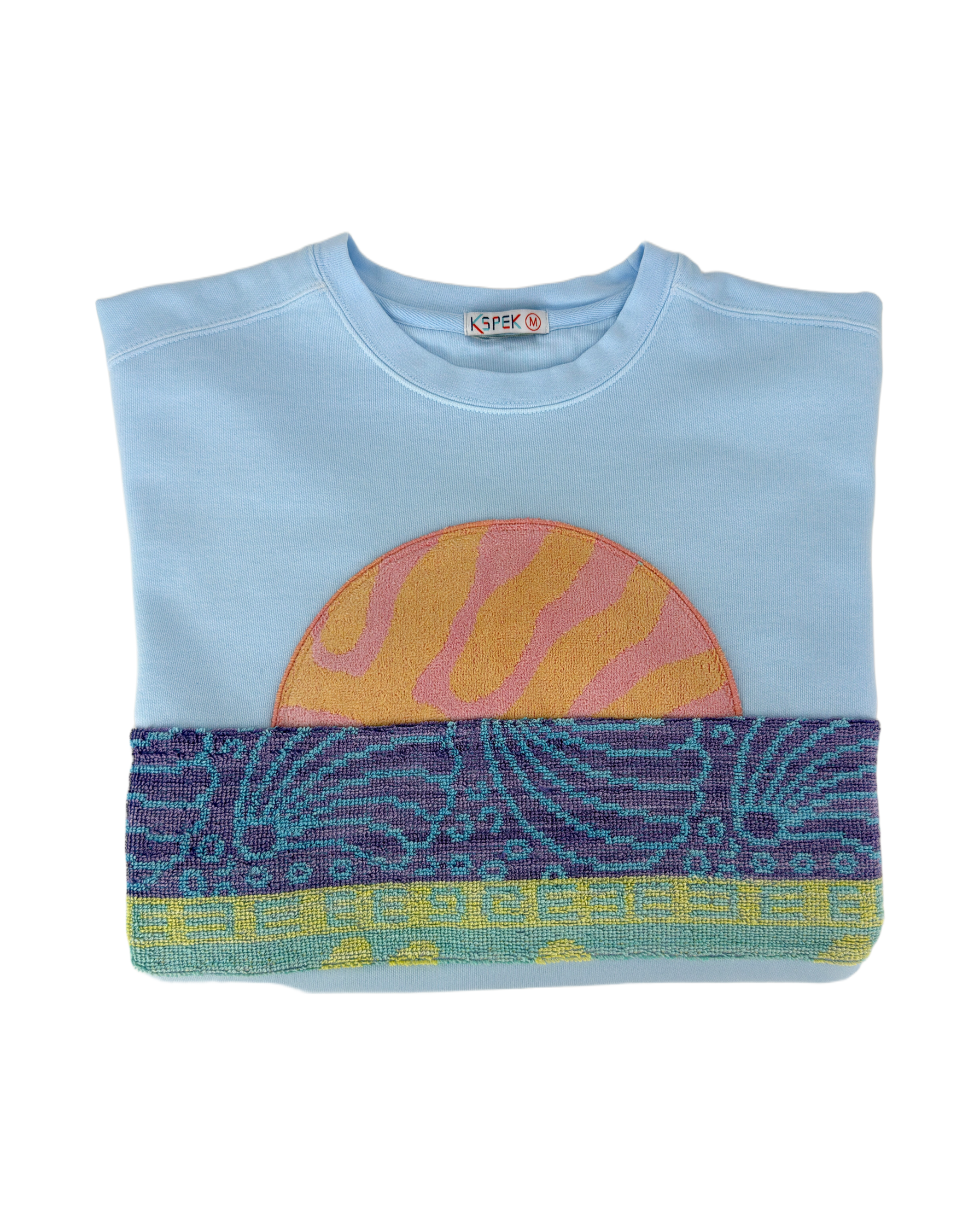 Medium Aqua Sunset Chaser "Horizon Bliss" — one-of-a-kind upcycled vintage beach towel sweatshirt, handmade by Kspek