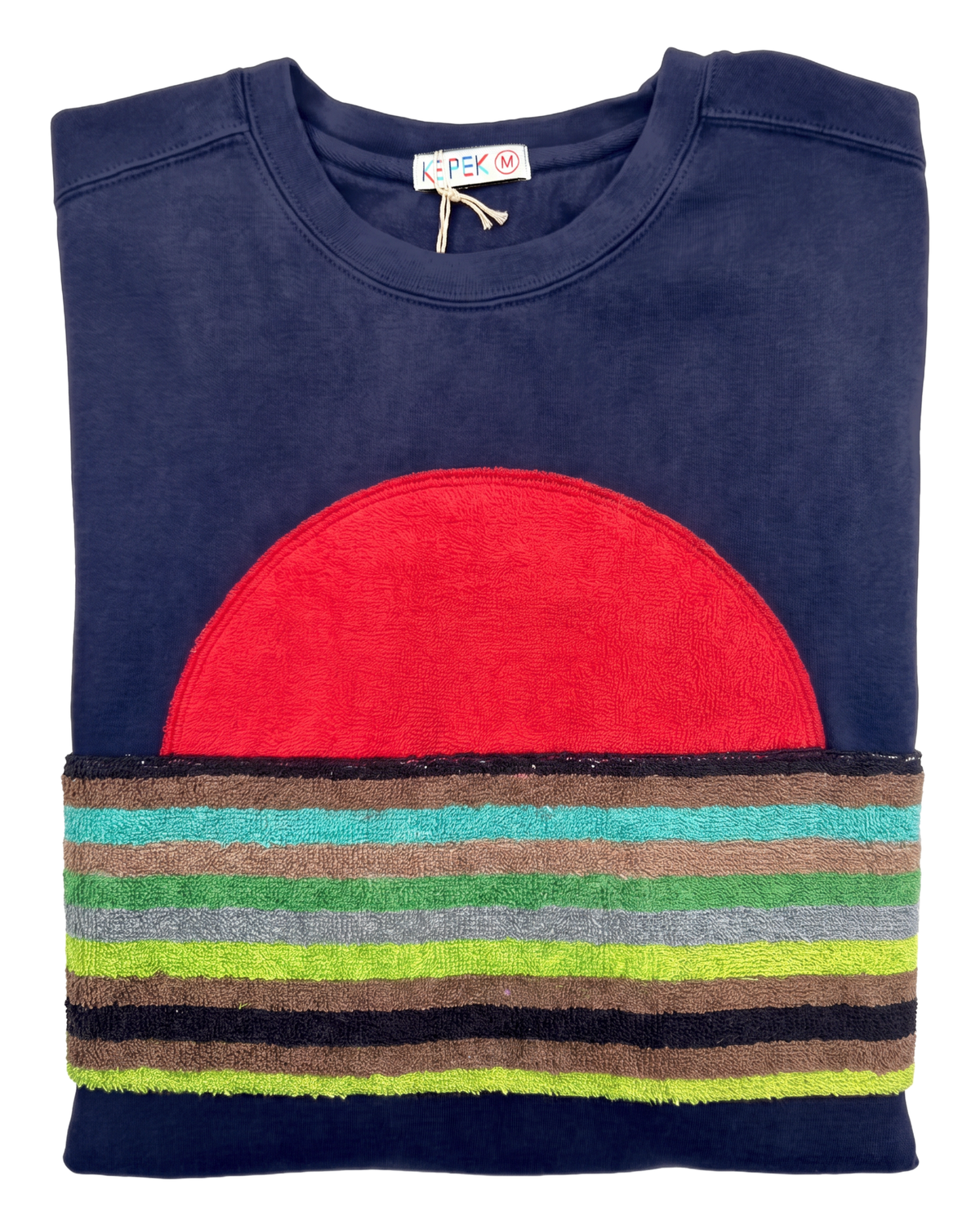 Medium Navy Sunset Chaser "Striped Sun Arc" — one-of-a-kind upcycled vintage beach towel sweatshirt, handmade by Kspek