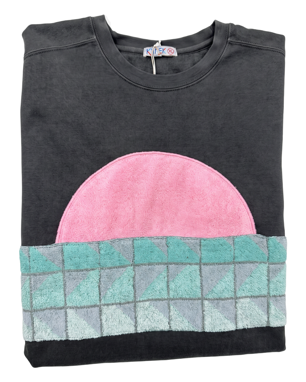 X-Large Pepper Sunset Chaser "Pastel Mosaic Dawn" — one-of-a-kind upcycled vintage beach towel sweatshirt, handmade by Kspek