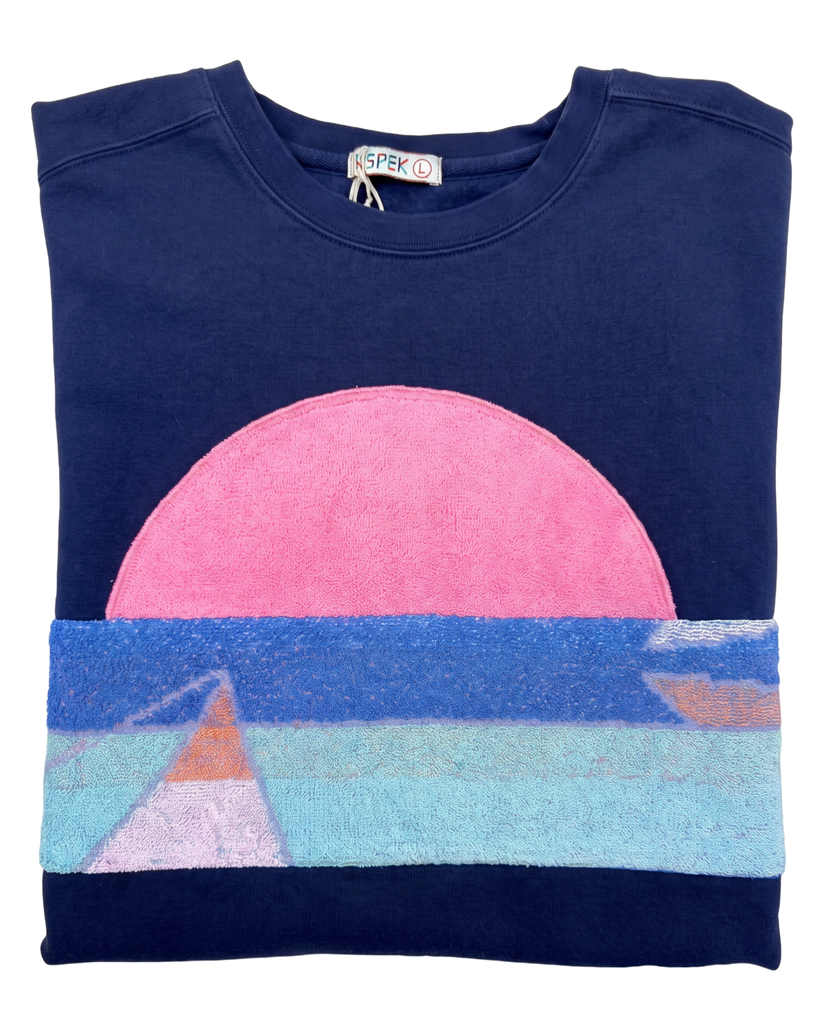 Large Navy Sunset Chaser "Pink Sail Silhouette" — one-of-a-kind upcycled vintage beach towel sweatshirt, handmade by Kspek