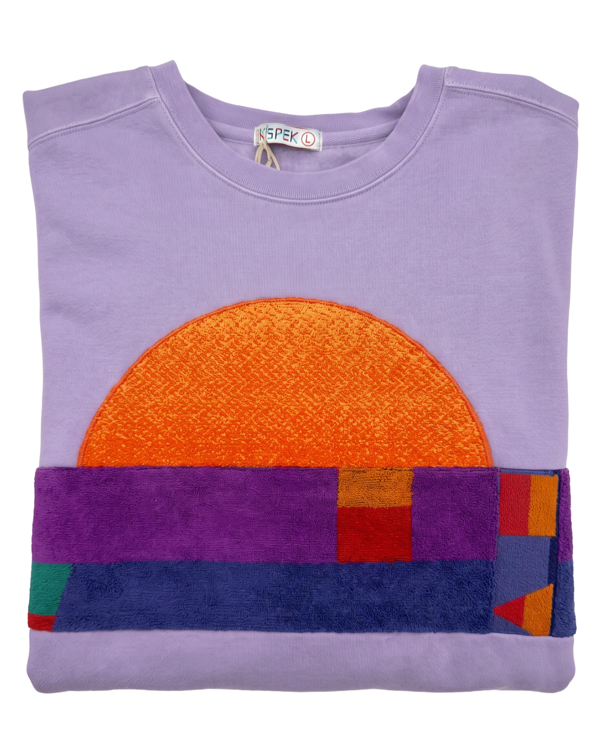 Large Lavender Sunset Chaser "Geometric Sunscape" — one-of-a-kind upcycled vintage beach towel sweatshirt, handmade by Kspek
