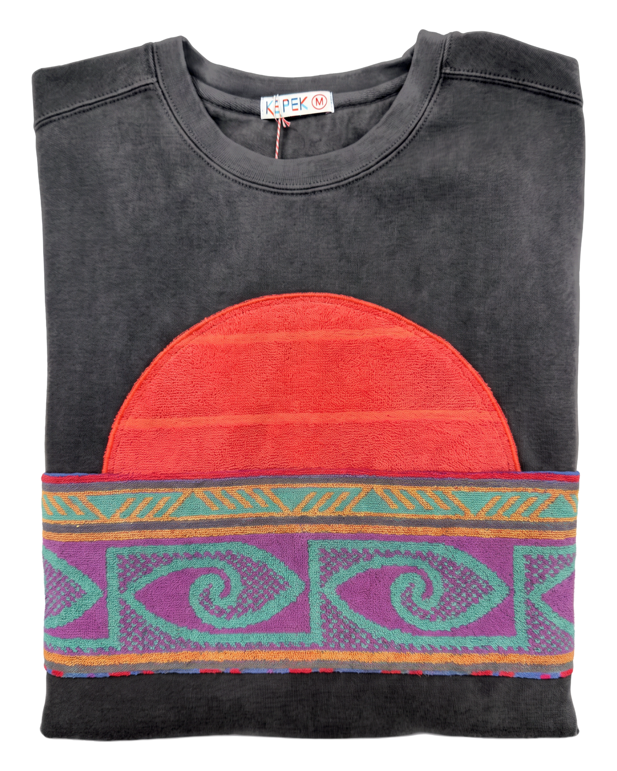 Medium Pepper Sunset Chaser "Spiral Sunset Bands" — one-of-a-kind upcycled vintage beach towel sweatshirt, handmade by Kspek