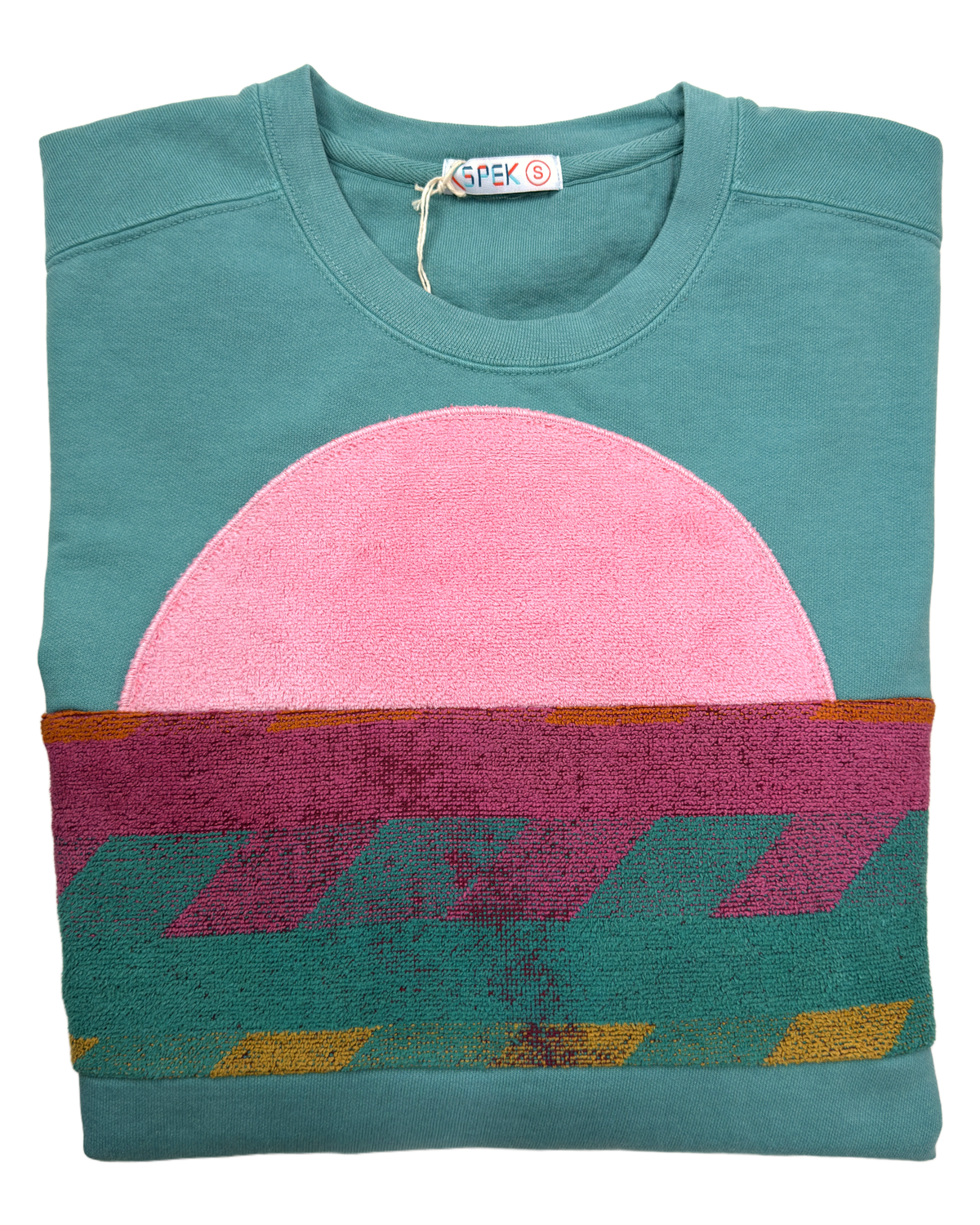 Medium Light Jade Sunset Chaser "Zigzag Sunset" — one-of-a-kind upcycled vintage beach towel sweatshirt, handmade by Kspek