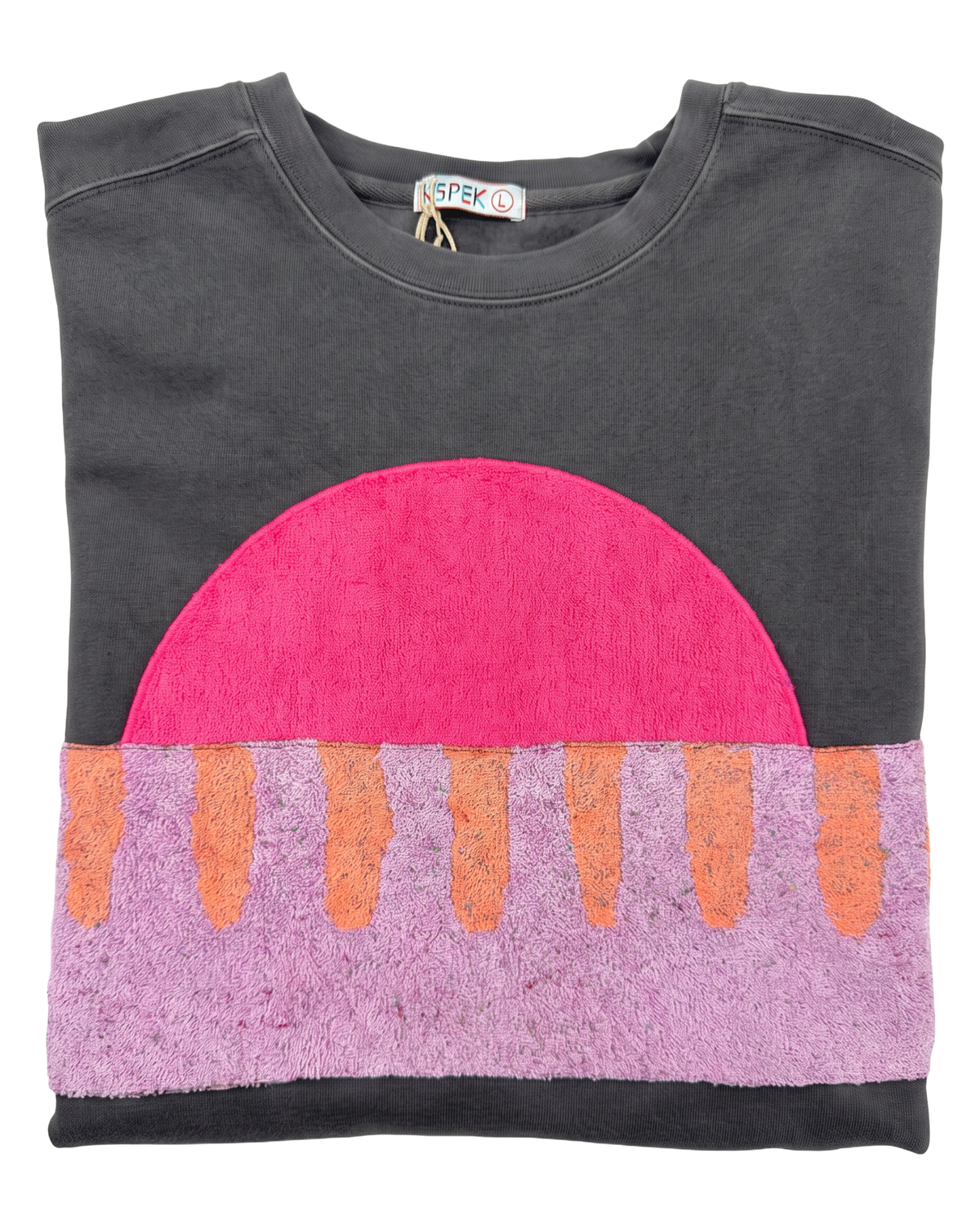 Large Pepper Sunset Chaser "Crimson Ridge" — one-of-a-kind upcycled vintage beach towel sweatshirt, handmade by Kspek