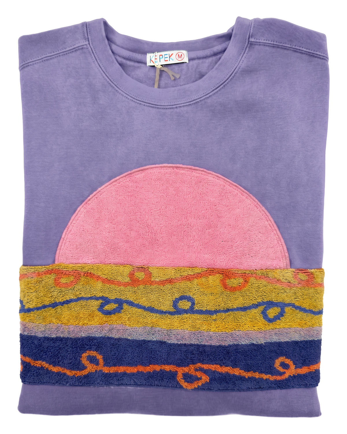 Medium Lavender Sunset Chaser "Rosy Horizon Layers" — one-of-a-kind upcycled vintage beach towel sweatshirt, handmade by Kspek