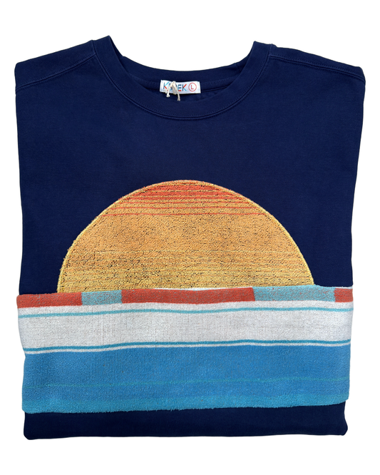 Large Navy Sunset Chaser "Striped Ocean Crest" — one-of-a-kind upcycled vintage beach towel sweatshirt, handmade by Kspek