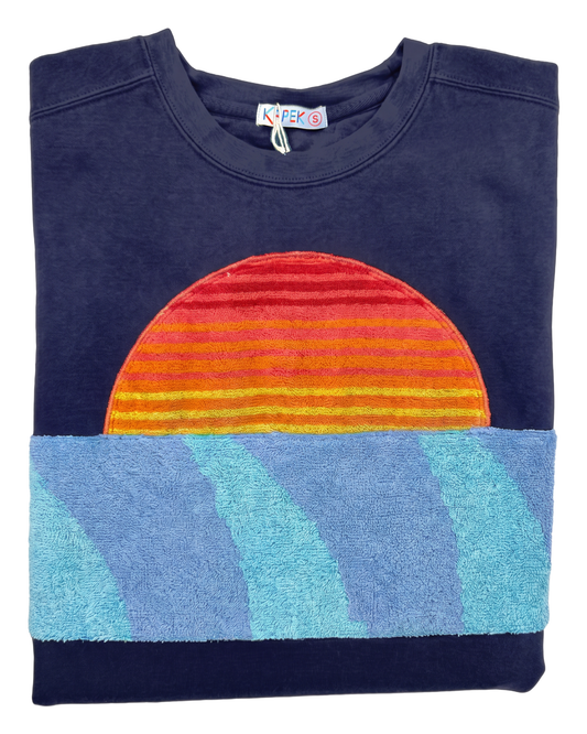 Small Navy Sunset Chaser "Radiant Ocean Rise" — one-of-a-kind upcycled vintage beach towel sweatshirt, handmade by Kspek