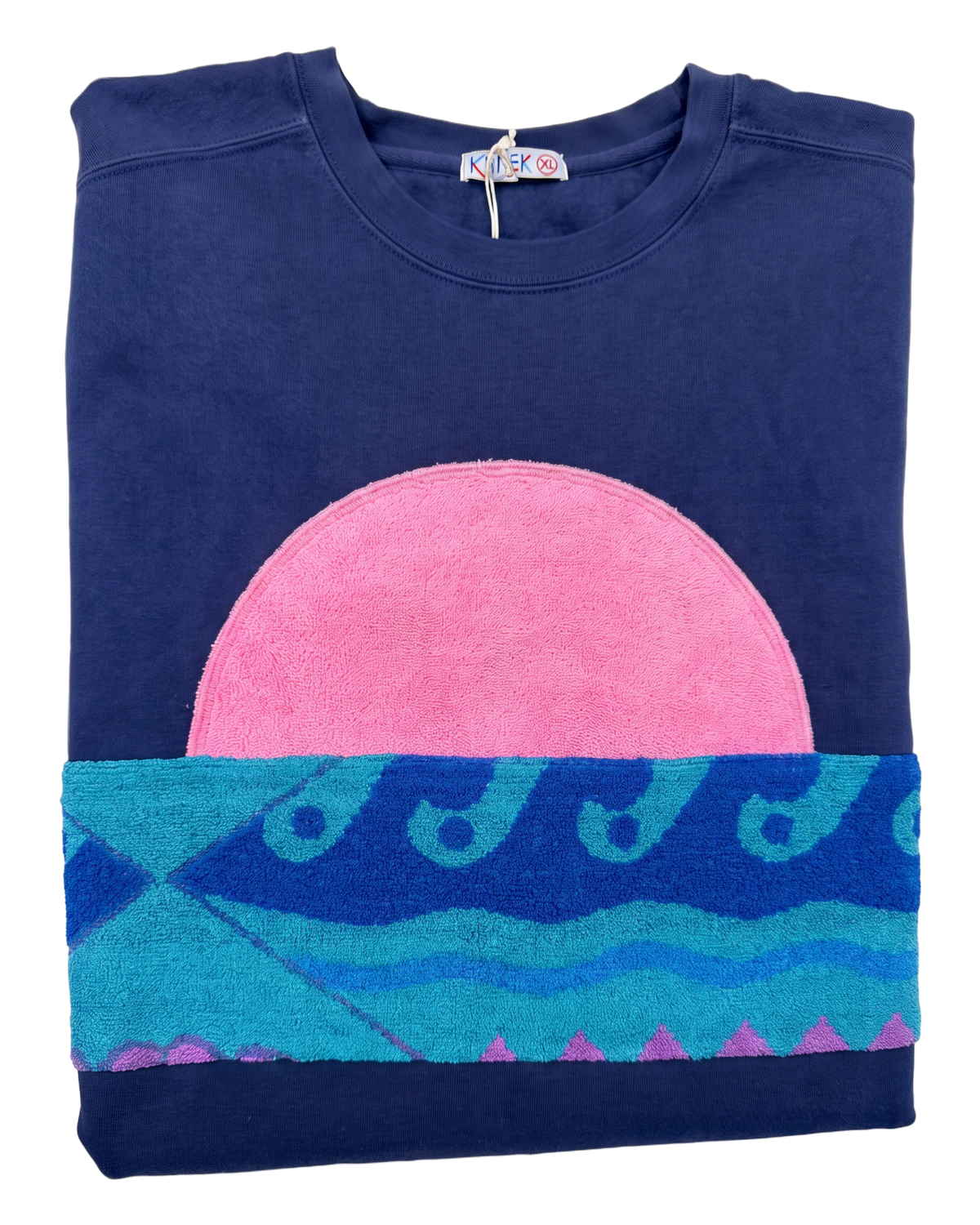 X-Large Navy Sunset Chaser "Pink Sea Horizon" — one-of-a-kind upcycled vintage beach towel sweatshirt, handmade by Kspek