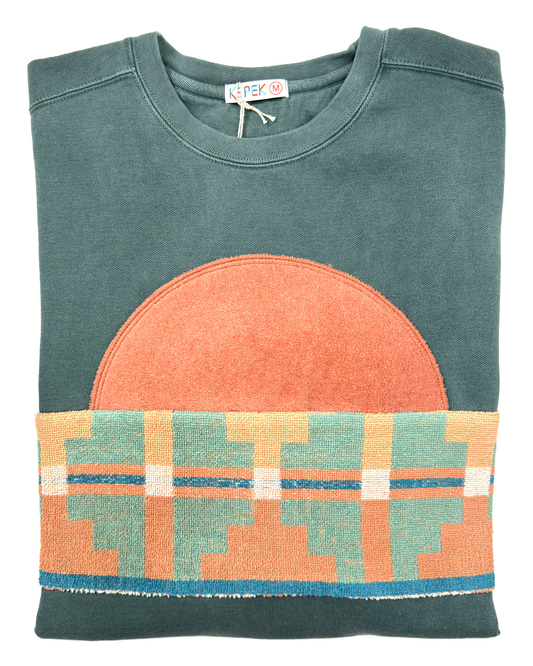 Medium Light Jade Sunset Chaser "Aztec Sun Ridge" — one-of-a-kind upcycled vintage beach towel sweatshirt, handmade by Kspek