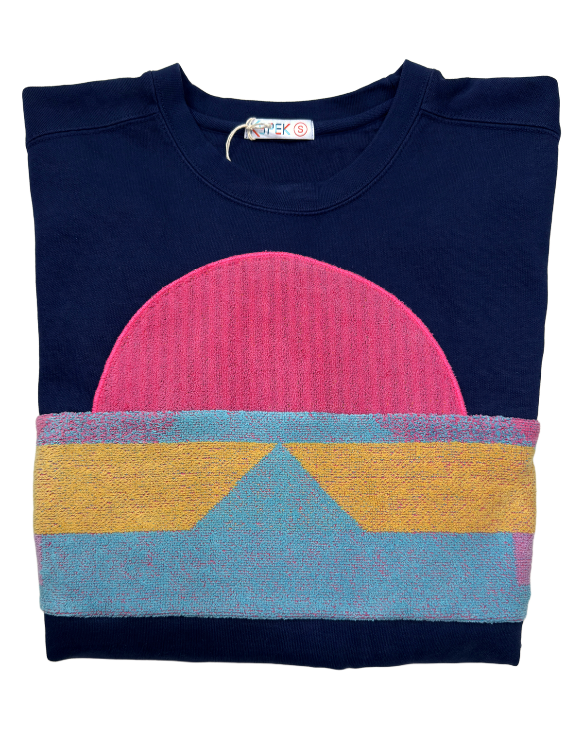 Small Navy Sunset Chaser "Canyon Sunset Arch" — one-of-a-kind upcycled vintage beach towel sweatshirt, handmade by Kspek