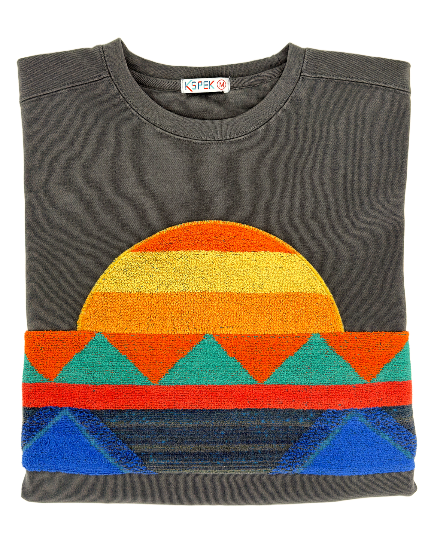 Medium Pepper Sunset Chaser "Geometric Sunrise" — one-of-a-kind upcycled vintage beach towel sweatshirt, handmade by Kspek