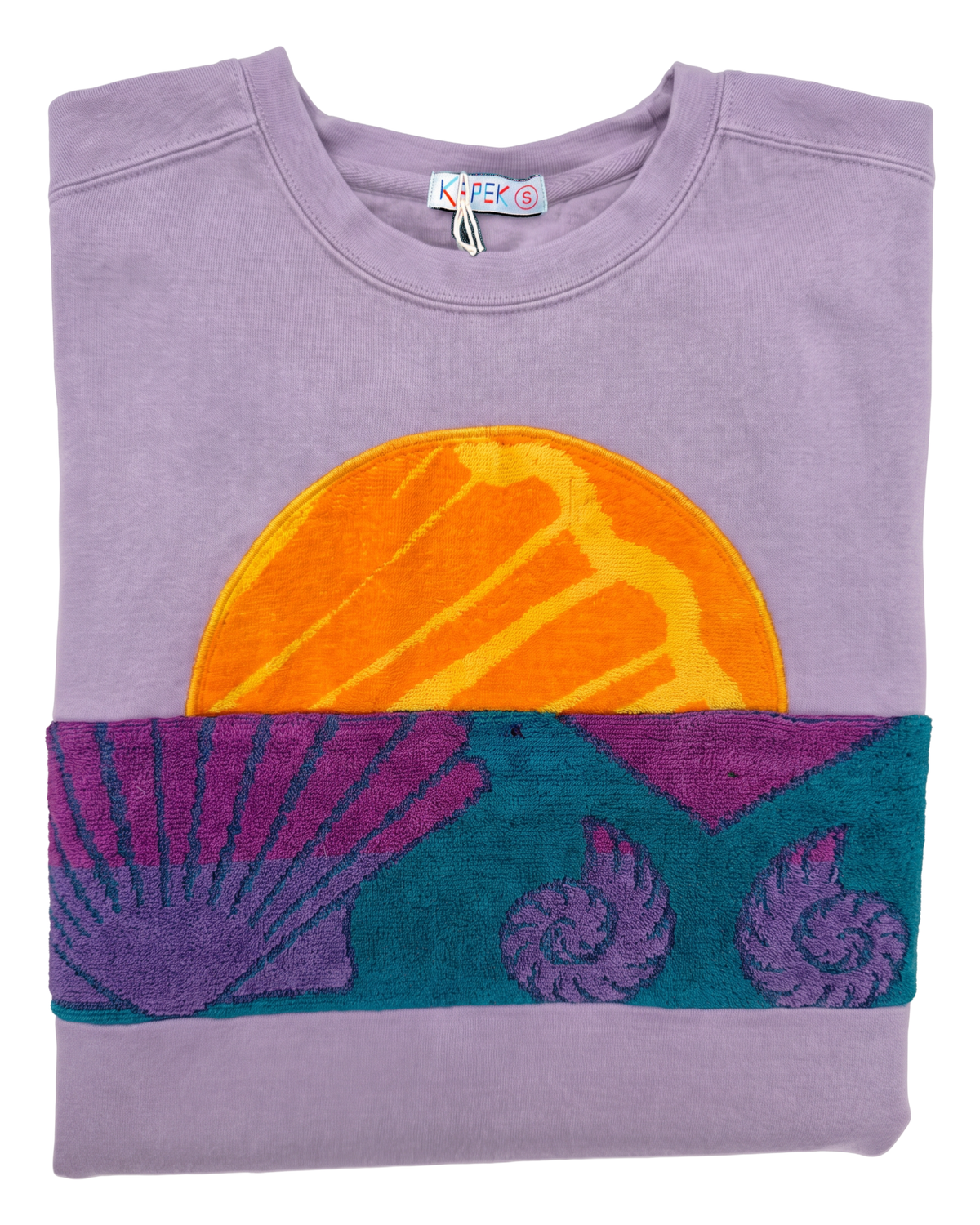 Small Lavender Sunset Chaser "Shell Sunscape" — one-of-a-kind upcycled vintage beach towel sweatshirt, handmade by Kspek
