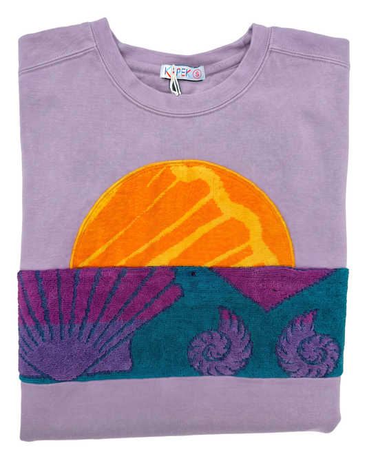 Small Lavender Sunset Chaser "Shell Sunscape" — one-of-a-kind upcycled vintage beach towel sweatshirt, handmade by Kspek