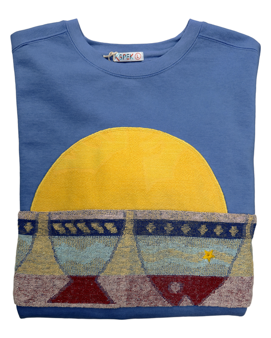 Large Dusty Blue Sunset Chaser "Fish Wish" — one-of-a-kind upcycled vintage beach towel sweatshirt, handmade by Kspek
