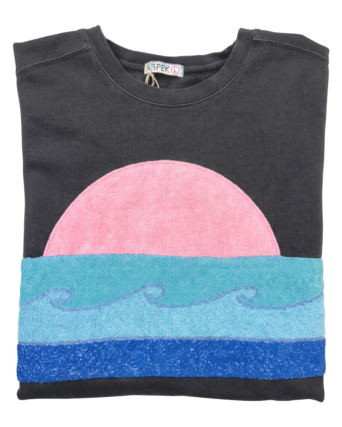 Large Pepper Sunset Chaser "Bubblegum Horizon" — one-of-a-kind upcycled vintage beach towel sweatshirt, handmade by Kspek