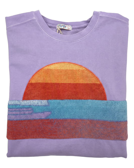 Large Lavender Sunset Chaser "Striped Ocean Drop" — one-of-a-kind upcycled vintage beach towel sweatshirt, handmade by Kspek