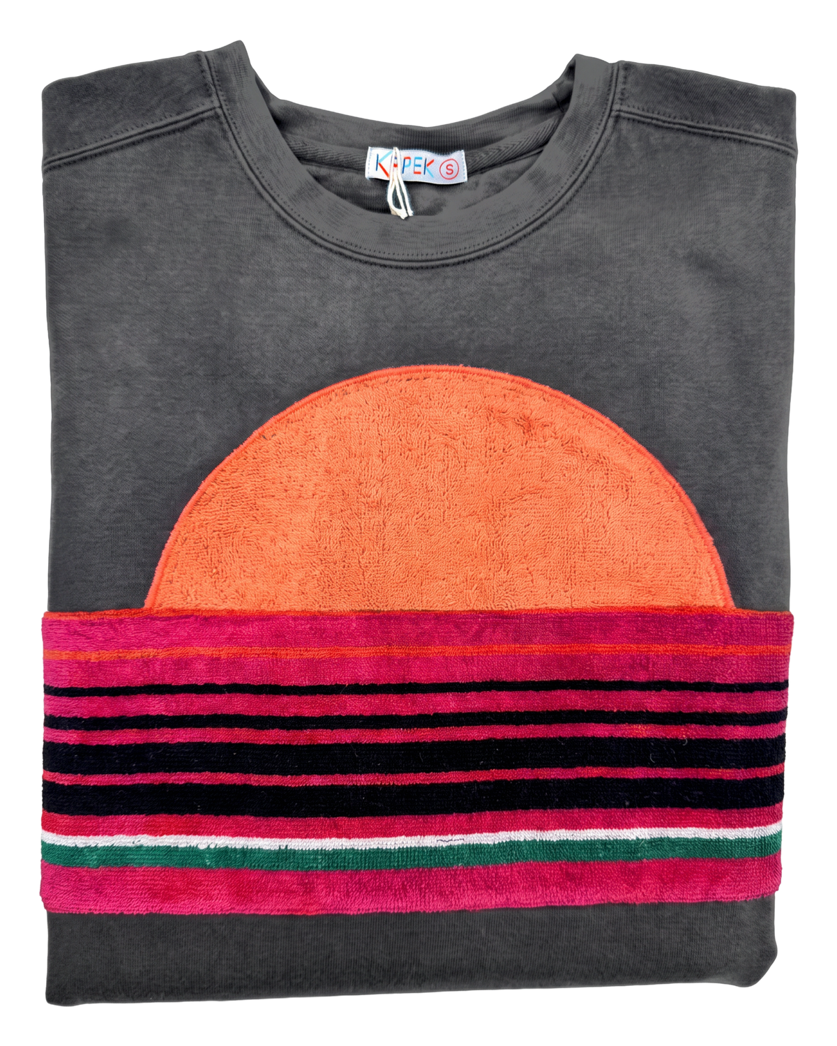 Small Pepper Sunset Chaser "Striped Sun Arch" — one-of-a-kind upcycled vintage beach towel sweatshirt, handmade by Kspek