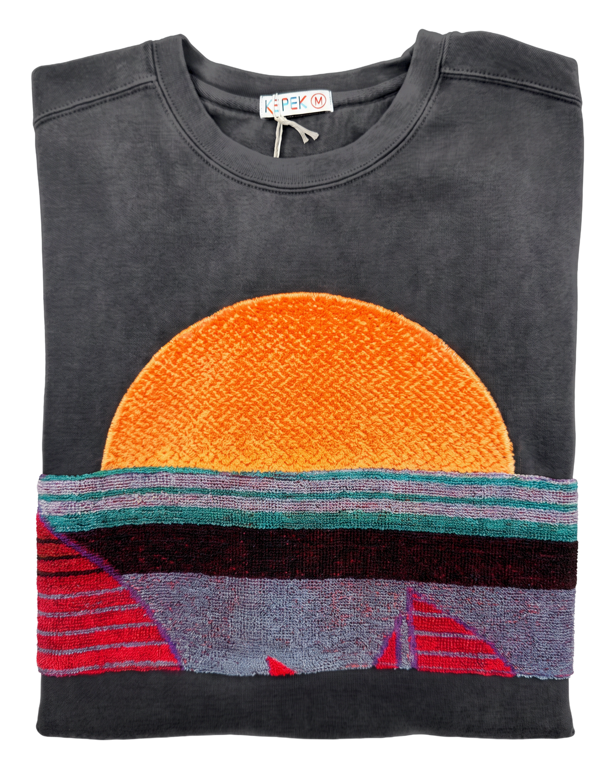 Medium Pepper Sunset Chaser "Sailboat Spectrum" — one-of-a-kind upcycled vintage beach towel sweatshirt, handmade by Kspek