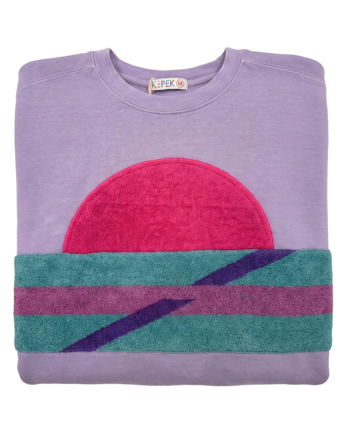 Medium Lavender Sunset Chaser "Crimson Horizon Bands" — one-of-a-kind upcycled vintage beach towel sweatshirt, handmade by Kspek