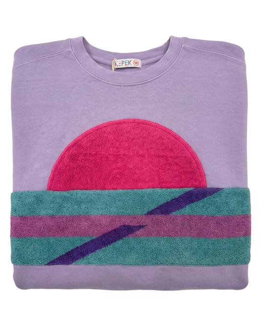 Medium Lavender Sunset Chaser "Crimson Horizon Bands" — one-of-a-kind upcycled vintage beach towel sweatshirt, handmade by Kspek