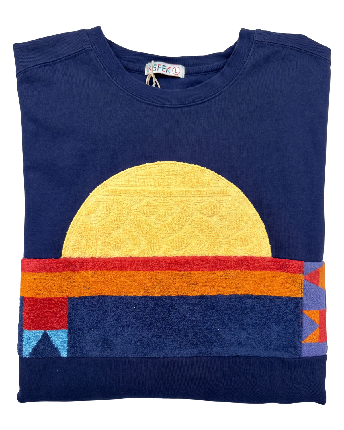 Large Navy Sunset Chaser "Geometric Sunrise" — one-of-a-kind upcycled vintage beach towel sweatshirt, handmade by Kspek