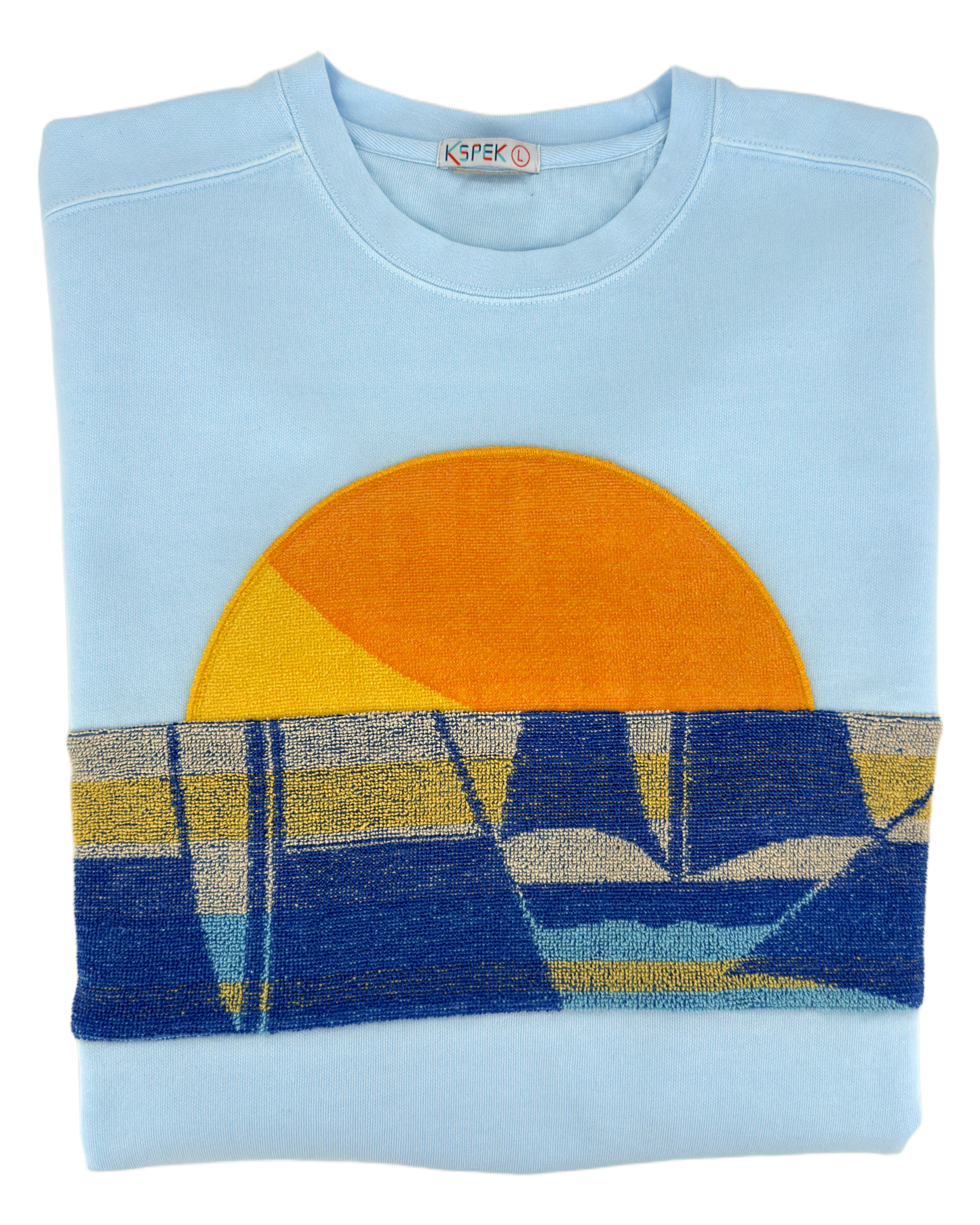Large Aqua Sunset Chaser "Sailboat Sundown" — one-of-a-kind upcycled vintage beach towel sweatshirt, handmade by Kspek