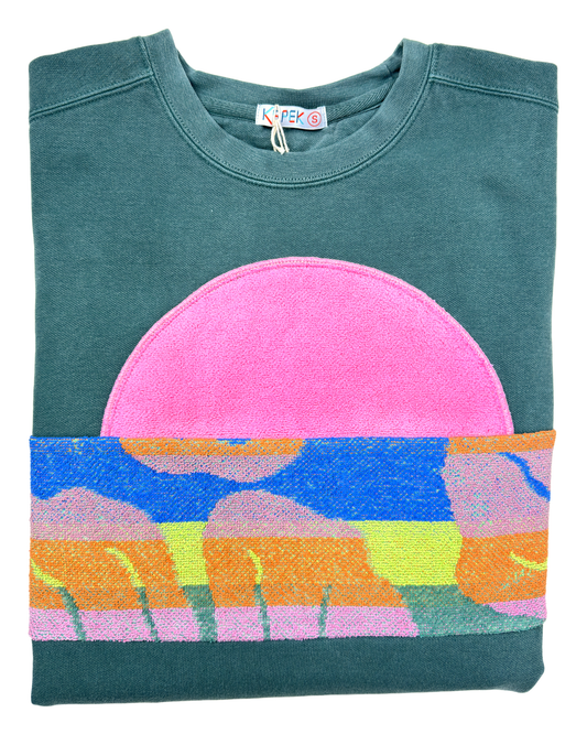 Small Light Jade Sunset Chaser "Pink Solar Rise" — one-of-a-kind upcycled vintage beach towel sweatshirt, handmade by Kspek