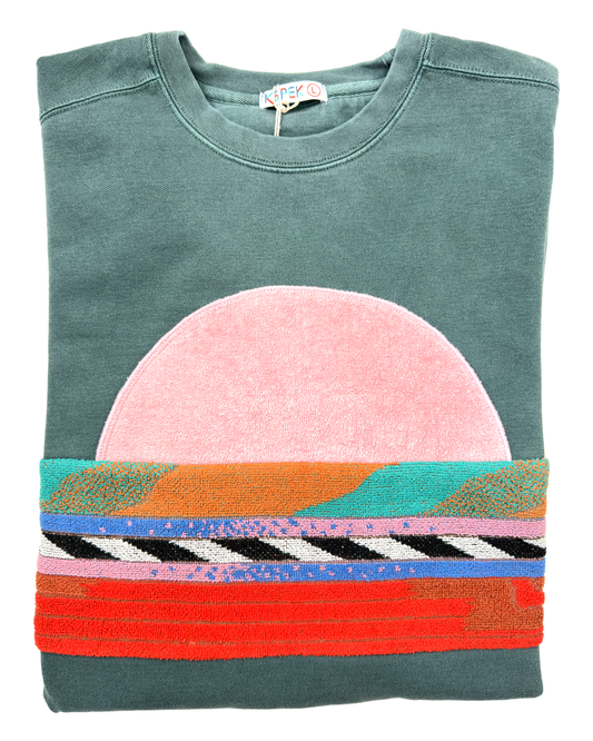 Large Pepper Sunset Chaser "Striped Desert Sun" — one-of-a-kind upcycled vintage beach towel sweatshirt, handmade by Kspek
