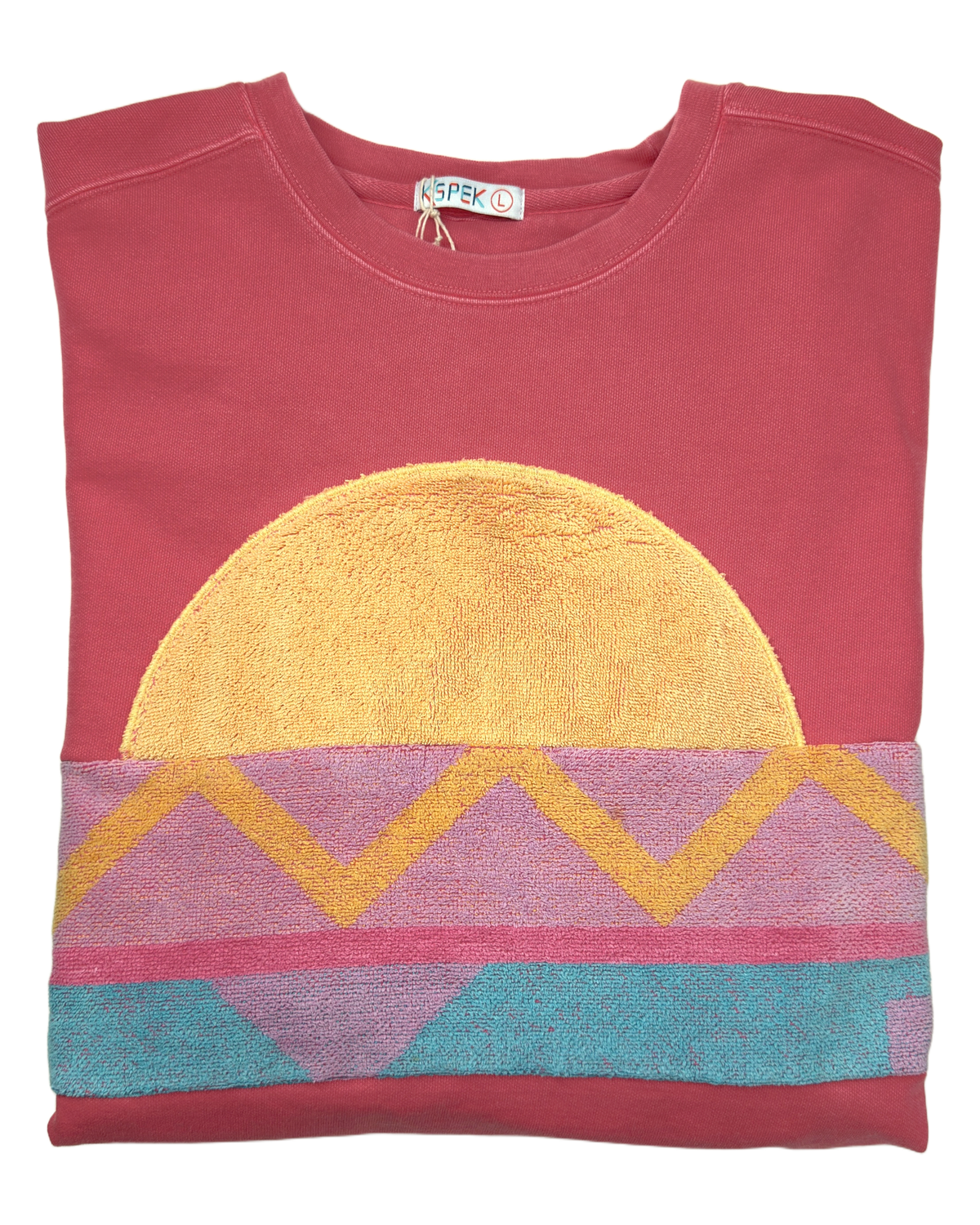 Large Watermelon Sunset Chaser "Zigzag Solar Arc" — one-of-a-kind upcycled vintage beach towel sweatshirt, handmade by Kspek