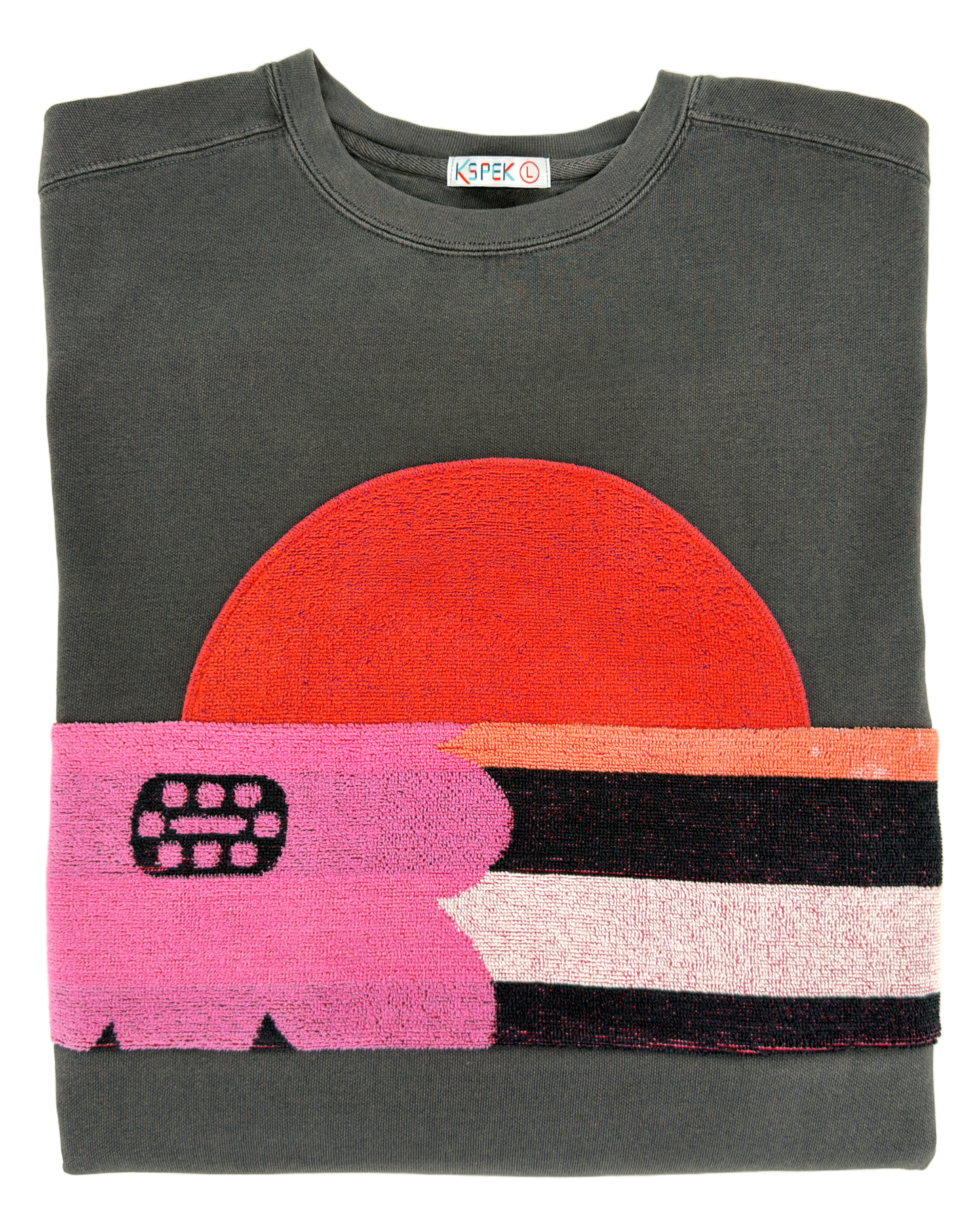 Large Pepper Sunset Chaser "Blooming Sunset" — one-of-a-kind upcycled vintage beach towel sweatshirt, handmade by Kspek