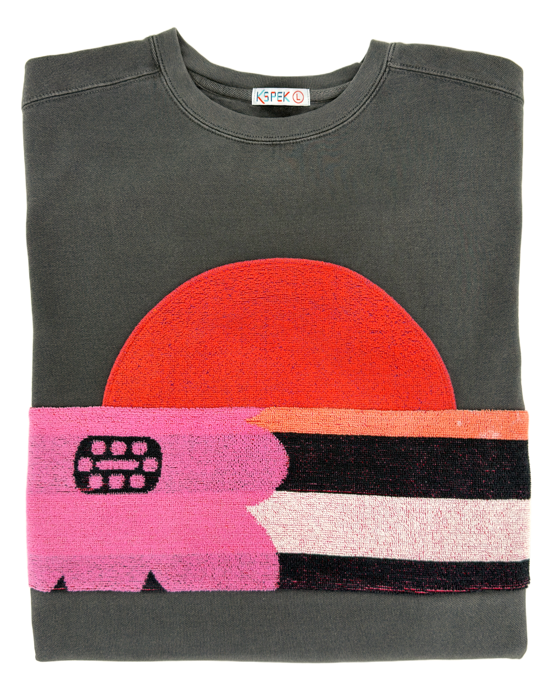 Large Pepper Sunset Chaser "Blooming Sunset" — one-of-a-kind upcycled vintage beach towel sweatshirt, handmade by Kspek
