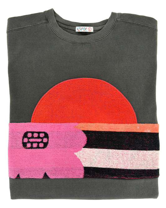 Large Pepper Sunset Chaser "Blooming Sunset" — one-of-a-kind upcycled vintage beach towel sweatshirt, handmade by Kspek