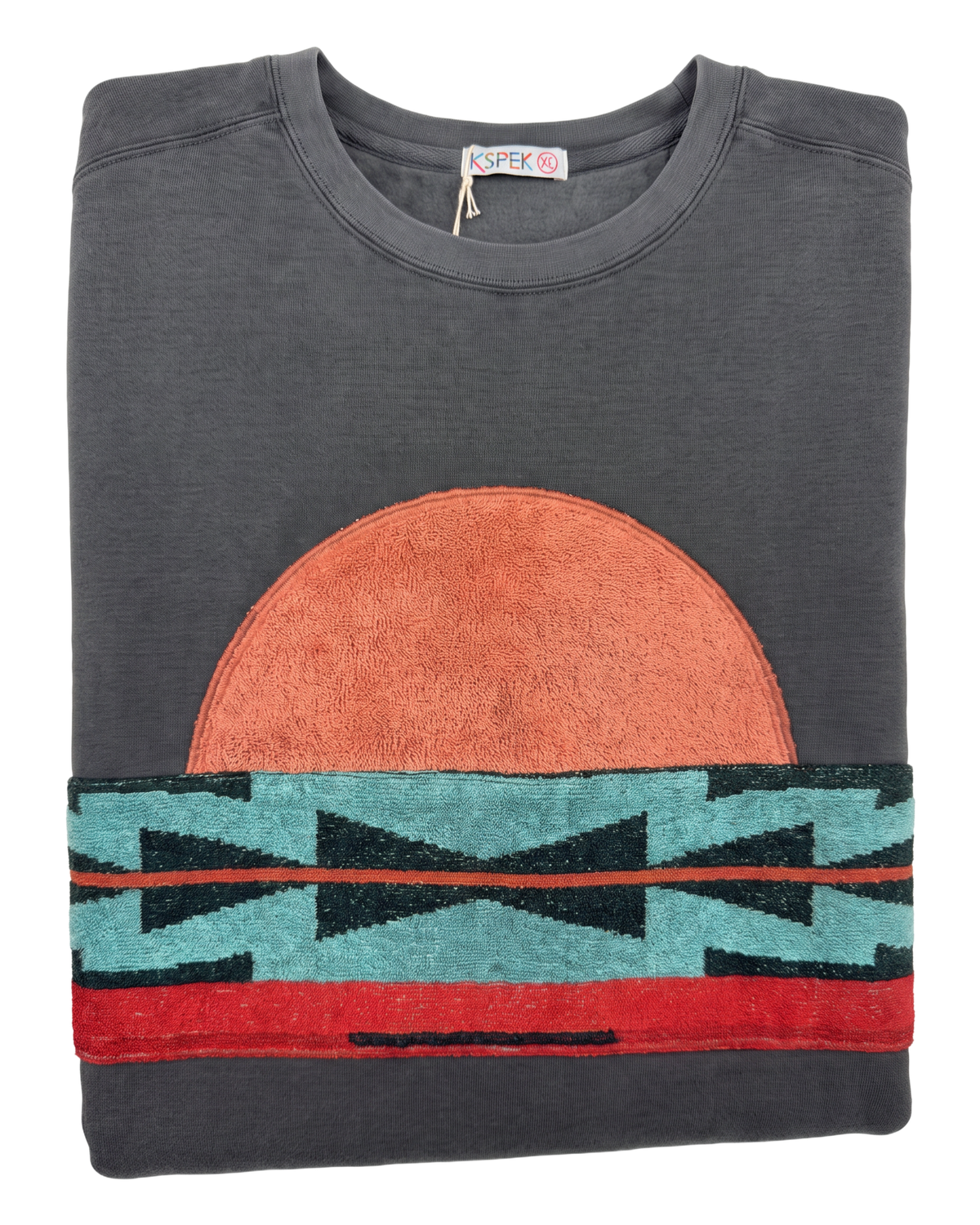 X-Large Pepper Sunset Chaser "Rustic Sun Waves" — one-of-a-kind upcycled vintage beach towel sweatshirt, handmade by Kspek