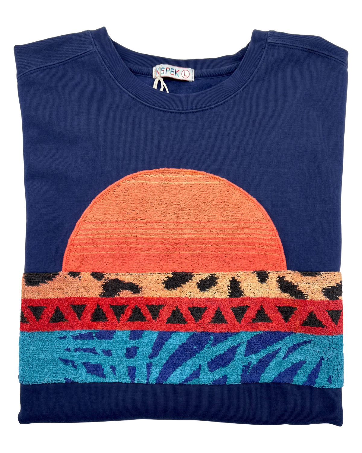 Large Navy Sunset Chaser "Leopard Sunbeam" — one-of-a-kind upcycled vintage beach towel sweatshirt, handmade by Kspek
