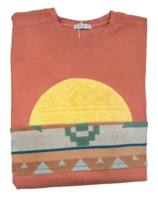X-Large Terracotta Sunset Chaser "Desert Temple Horizon" — one-of-a-kind upcycled vintage beach towel sweatshirt, handmade by Kspek