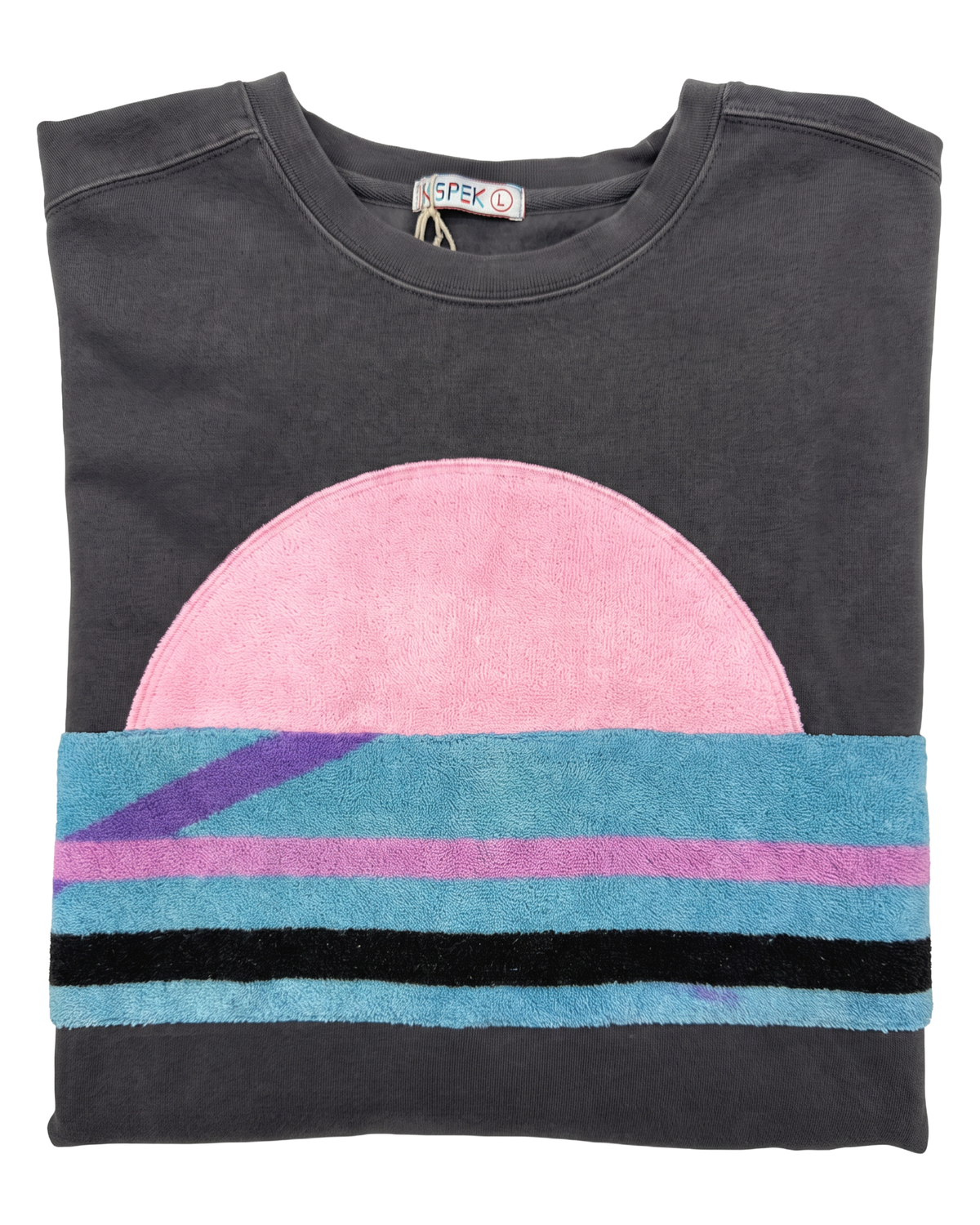 Large Pepper Sunset Chaser "Retro Sunset Blues" — one-of-a-kind upcycled vintage beach towel sweatshirt, handmade by Kspek