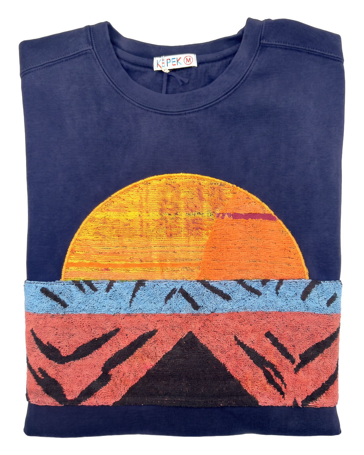 Medium Navy Sunset Chaser "Terra Sunscape" — one-of-a-kind upcycled vintage beach towel sweatshirt, handmade by Kspek
