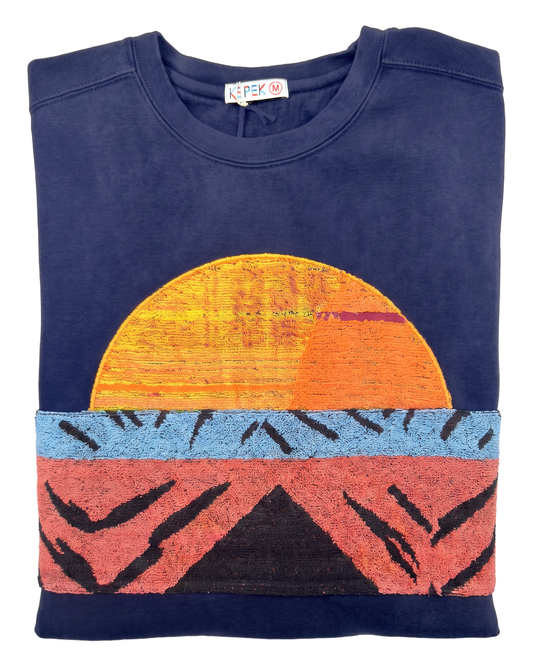 Medium Navy Sunset Chaser "Terra Sunscape" — one-of-a-kind upcycled vintage beach towel sweatshirt, handmade by Kspek